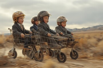 Four children wearing helmets speed in a cart, evoking a playful, adventurous race
