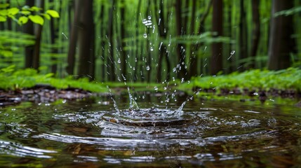   A tight shot of a water droplet, suspended in a forest backdrop of bamboo trees and verdant grass