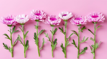   Pink and white flowers lined up against a pink backdrop, featuring green stems on either side ..Alternatively:.A row of pink