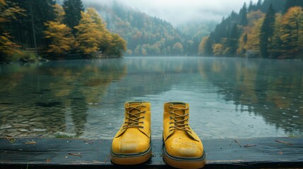   A pair of yellow shoes sits at water's edge, near a tranquil body, surrounded by trees - Powered by Adobe
