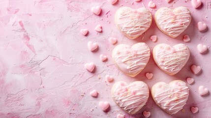   A collection of heart-shaped cookies atop a pink surface, surrounded by marshmallows