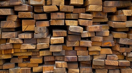   A sizeable stack of wooden planks arranged vertically in a woodworking space against a backdrop of a clear, blue sky - Powered by Adobe