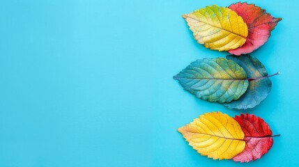   Three vibrant leaves stacked on a blue backdrop, casting a shadow to the image's left