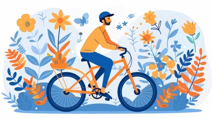 Naklejka premium A man on a bike rides through a flower-filled field, accompanied by flitting butterflies
