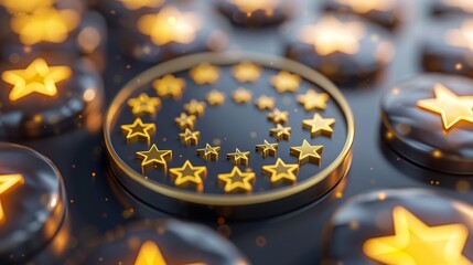   A magnified view of gold stars clustered on a black background with a magnifying glass in the foreground