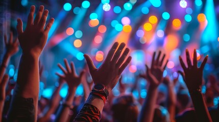   A large group of people lifting hands before a lit stage, surrounded by vibrant and brilliant backdrop lights