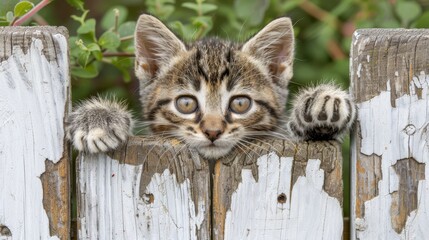   A kitten perched atop a wooden fence, its paws balanced on the narrow planks above