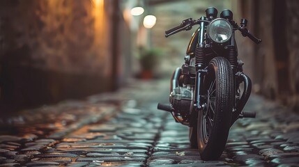   A tight shot of a motorcycle parked on a cobblestoned street, with a light glowing at its end