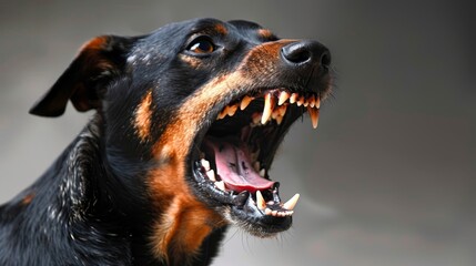   A black and brown dog with its mouth open widely