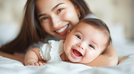   A woman joyfully cradles a baby in her arms and smiles at the camera from a lying position on a bed
