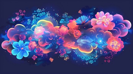  an abstract sticker pack where clouds and flowers merge into unique artistic shapes,