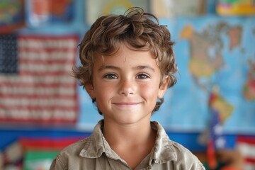 Smiling young boy in a classroom with a world map and American flag behind him