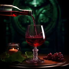 Pour red wine from a bottle into a glass on a high stem on a dark green background. Winery concept.