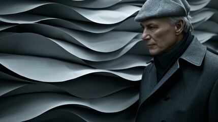   A man in coat and hat stands before a wavy wall of white and gray paper