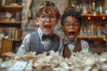 Diverse young boys in formal attire open their mouths wide with excitement, surrounded by paper shreds against a book-lined backdrop