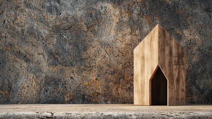   A tiny wooden house atop a wooden floor, facing a wall with a noticeable crack