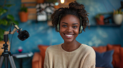 Content creator black woman holding smartphone smiling at camera, lighting and microphone setup, video streamer