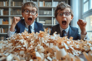 Two young boys in blue suits are ecstatic among heaps of shredded paper, conveying energy and celebration