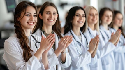   A team of women in white lab coats cheer and clap above their heads, grinning towards the camera - Powered by Adobe