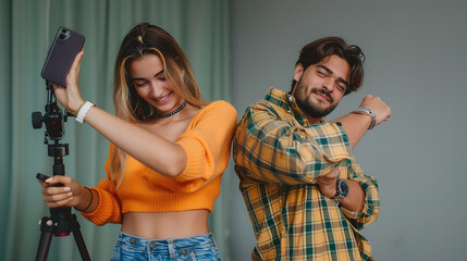 Positive young content creators vlogging for social media, live video streaming, influencers, dance challenge