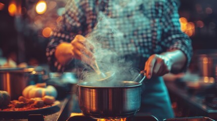   Person cooks over stove, pot emits copious smoke