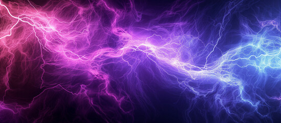 Glowing lightning purple abstract background. Lightning luminous lines concept poster. Glowing decorative horizontal banner. Digital raster bitmap illustration. AI artwork.