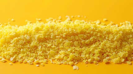   A heap of chopped food sits atop a yellow table, accompanied by a cup of coffee on a separate wooden table