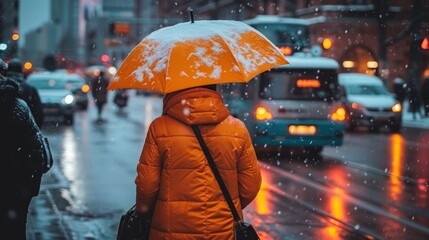  Person strolls on wet street, orange umbrella shielding them, rainfall behind – blue car visible in backdrop