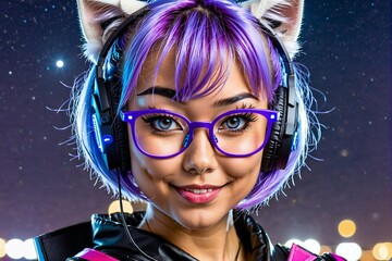 A woman with purple hair and glasses is wearing headphones and smiling