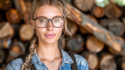   A woman in denim shirt, braid in her hair, and wearing glasses stands before a log pile - Powered by Adobe