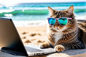 A cat wearing sunglasses is laying on a laptop