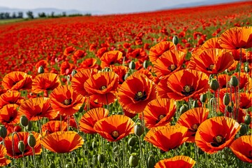 A field of red poppies with a bright sun shining on them