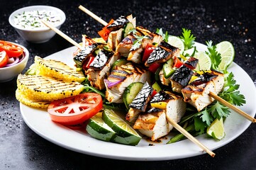 A plate of grilled chicken skewers with vegetables and a side of corn chips