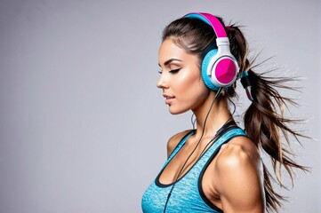 A woman wearing headphones and a blue tank top