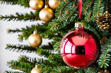 A red Christmas ornament hangs on a tree