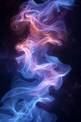 Glowing blue purple abstract background. Bright smooth luminous lines concept poster. Glowing smoke decorative vertical banner. Digital raster bitmap illustration. AI artwork.