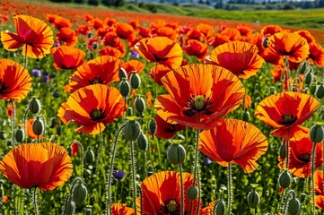 A field of red poppies with green grass