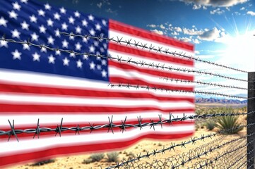 A barbed wire fence is in front of a red, white, and blue American flag