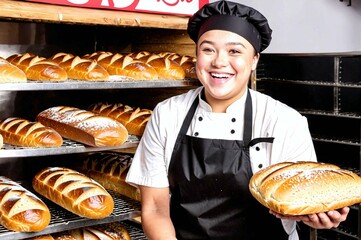 A woman in a chef's hat is holding a loaf of bread