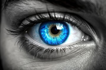 A close up of a person's eye with a blue iris