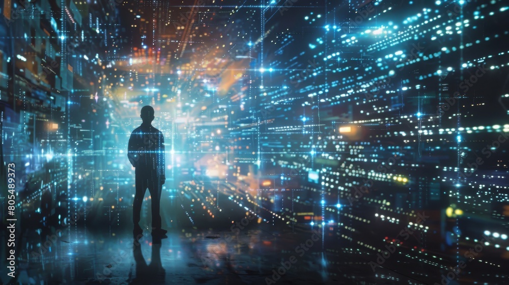 Wall mural silhouette of businessman standing in abstract city with binary code