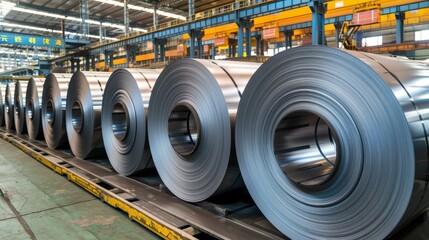   Multiple rolls of steel on a conveyor belt in a vast metal factory One roll of steel occupies the foreground, while another roll lies in the background