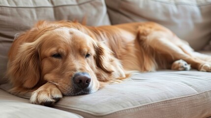   A tight shot of a dog reclining on a couch, its head supported by a couch cushion's arm