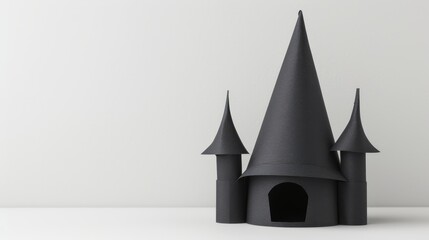  a black paper construct of a castle stands out, backdropped by a white wall