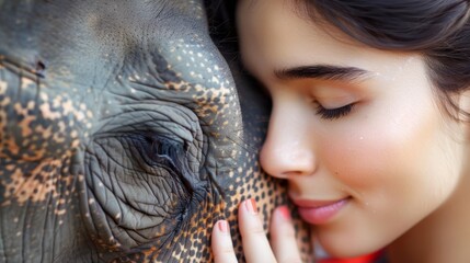   A woman closely touches an elephant's face with her hand, their faces near the camera