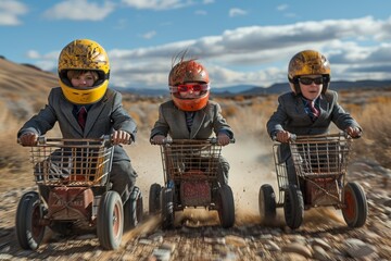 Three boys dressed smartly race in shopping carts with joyful expressions