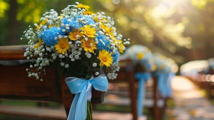   A bouquet of daisies and baby's breath rests on a bench, facing a row of wooden benches