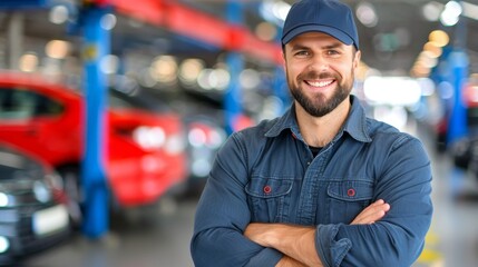   A man in a blue shirt and hat stands with crossed arms in a garage