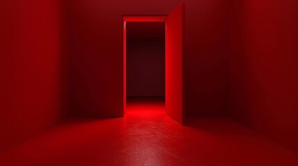   A room devoid of furniture, illuminated by two red lights at its ends