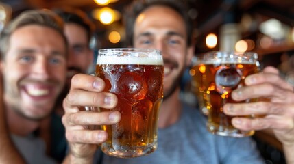   Two men raise glasses in front of a man in a blue T-shirt and one in a gray T-shirt